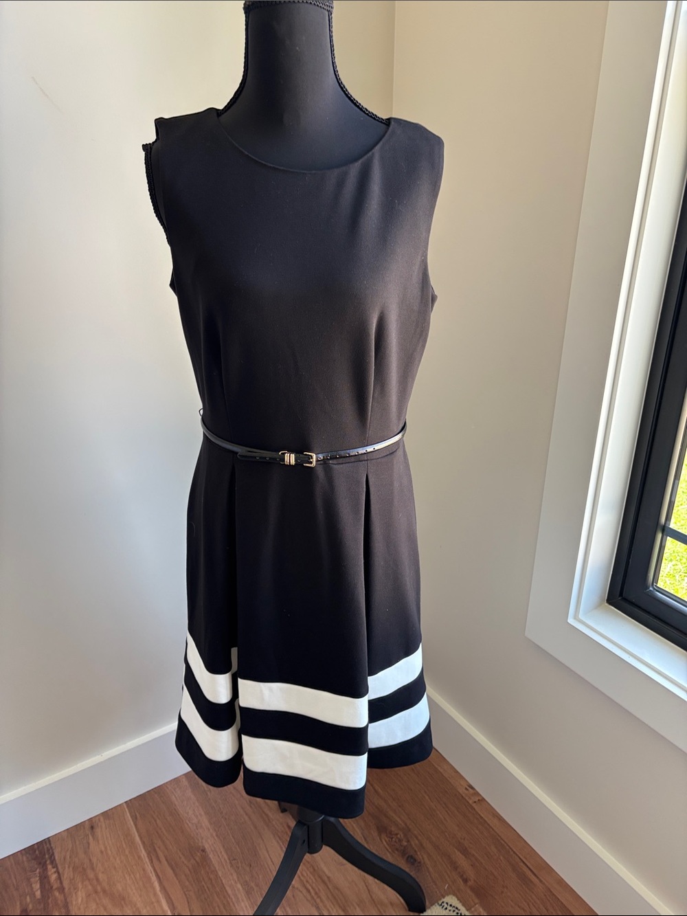 Calvin Klein Black Dress with White Hem Stripes